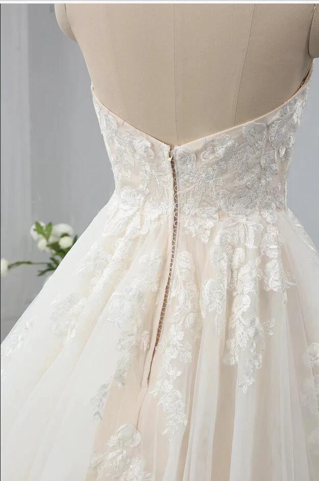 Long Sweetheart Backless Appliques Lace Tulle A-Line Wedding Dress - Image 4