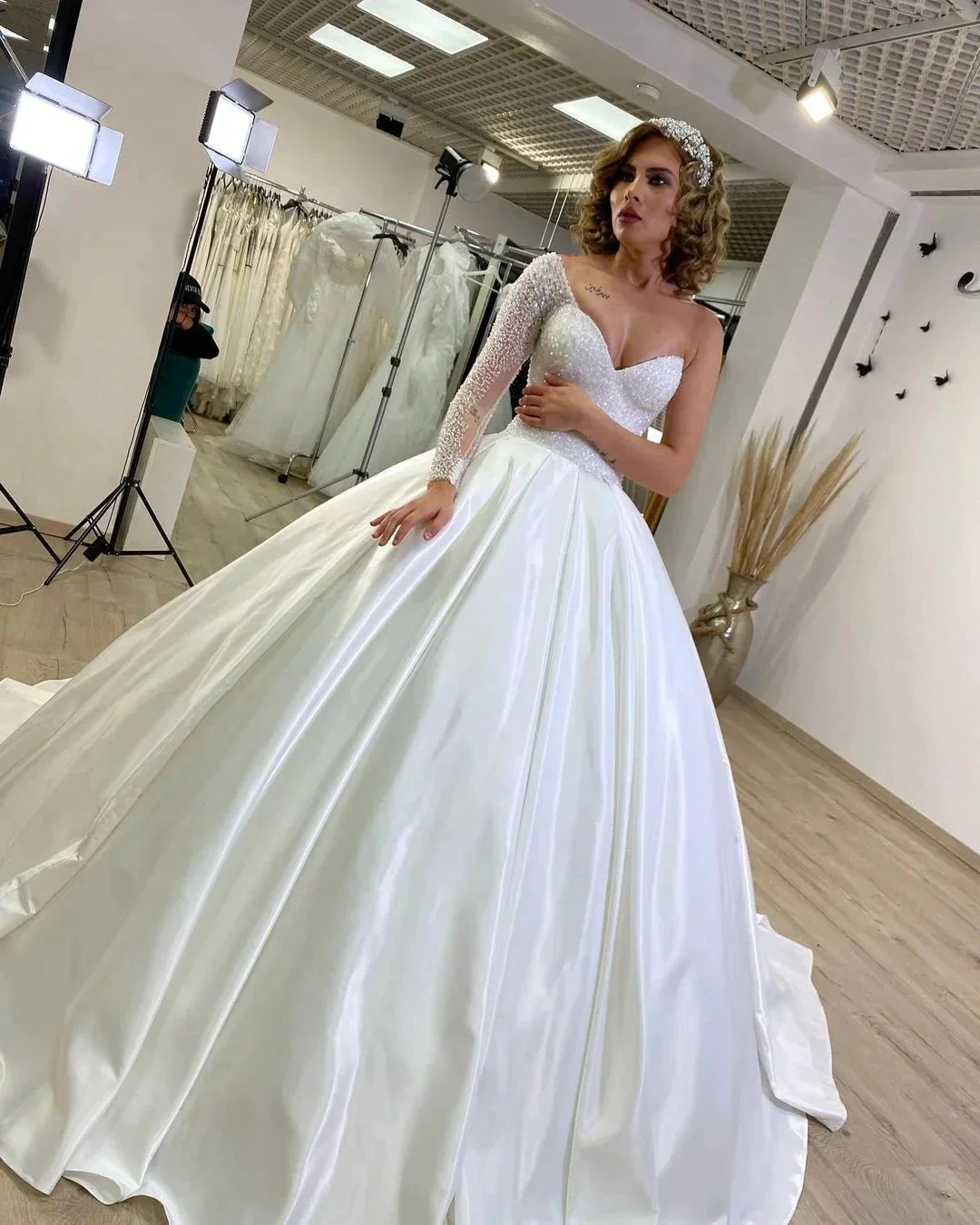 Long Sweetheart Satin Ruffles Ball Gown Wedding Dress with Sleeves - Image 2
