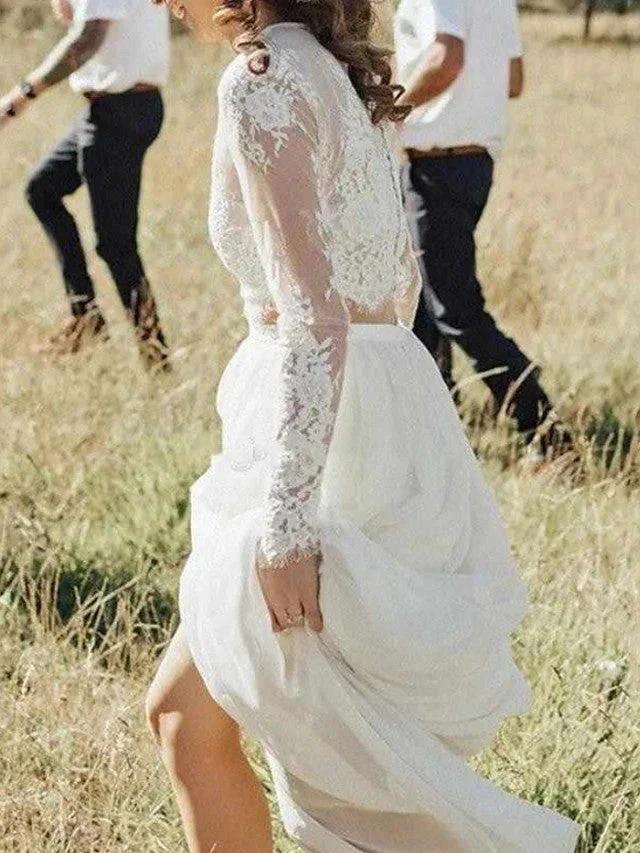 Long Two Piece A-Line Jewel Neck Lace Chiffon Wedding Dresses with Sleeves - Image 2