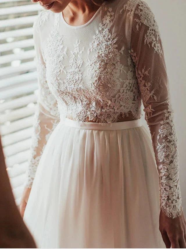 Long Two Piece A-Line Jewel Neck Lace Chiffon Wedding Dresses with Sleeves - Image 3