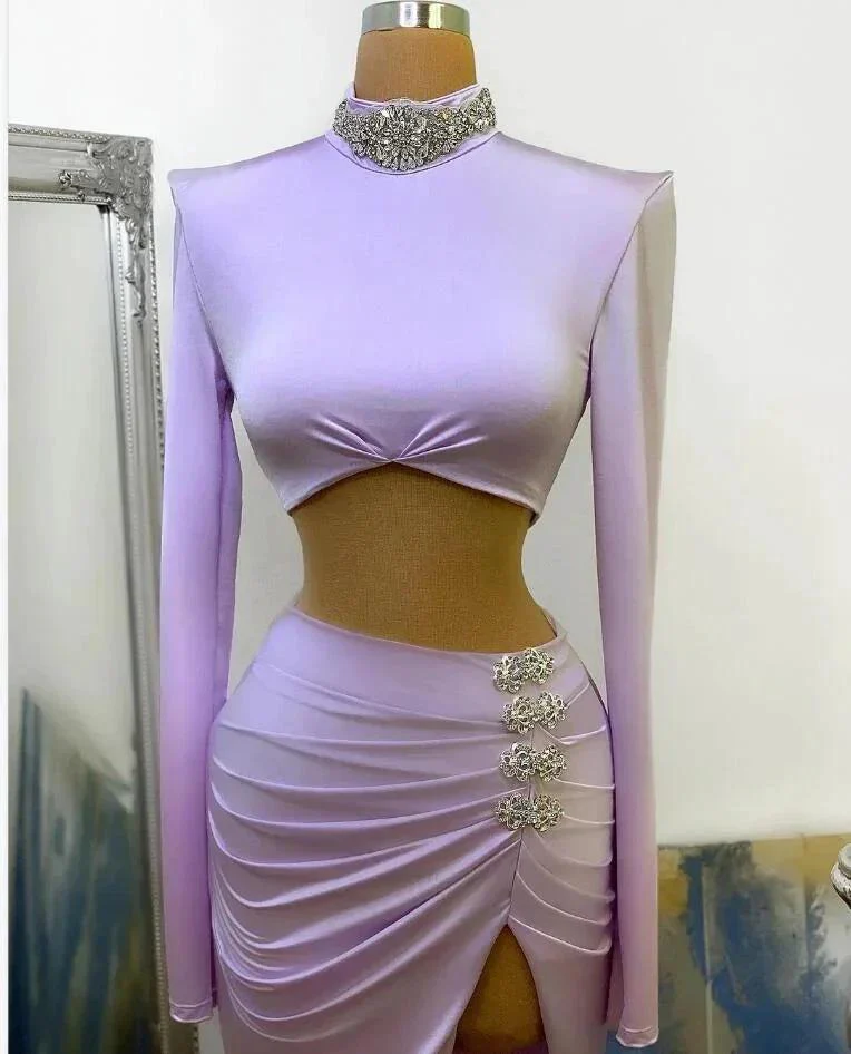 Long Two Piece Mermaid High Neck Split Prom Dress with Sleeves - Image 2