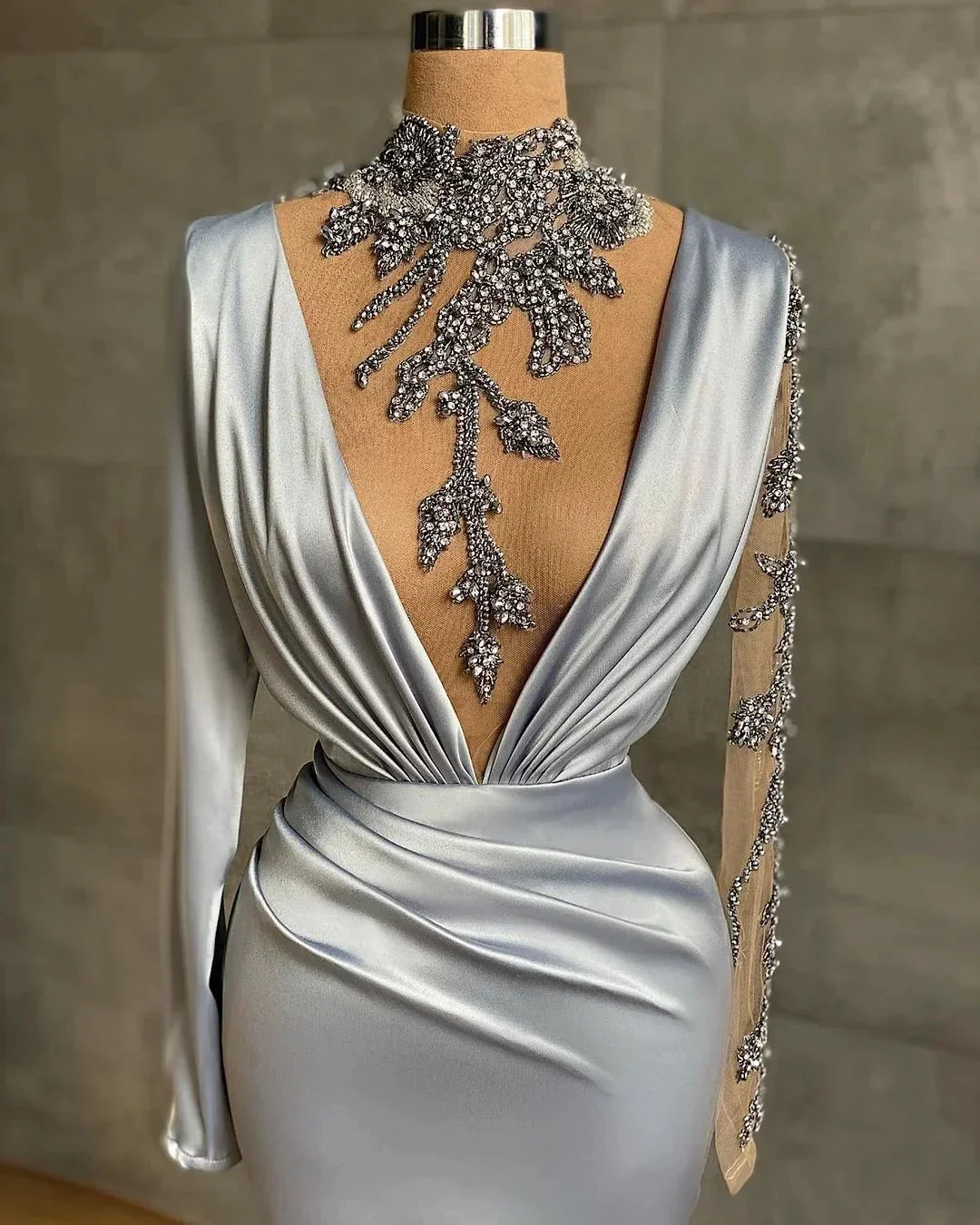 Long V-neck Beading Satin Mermaid Evening Dress with Sleeves - Image 2