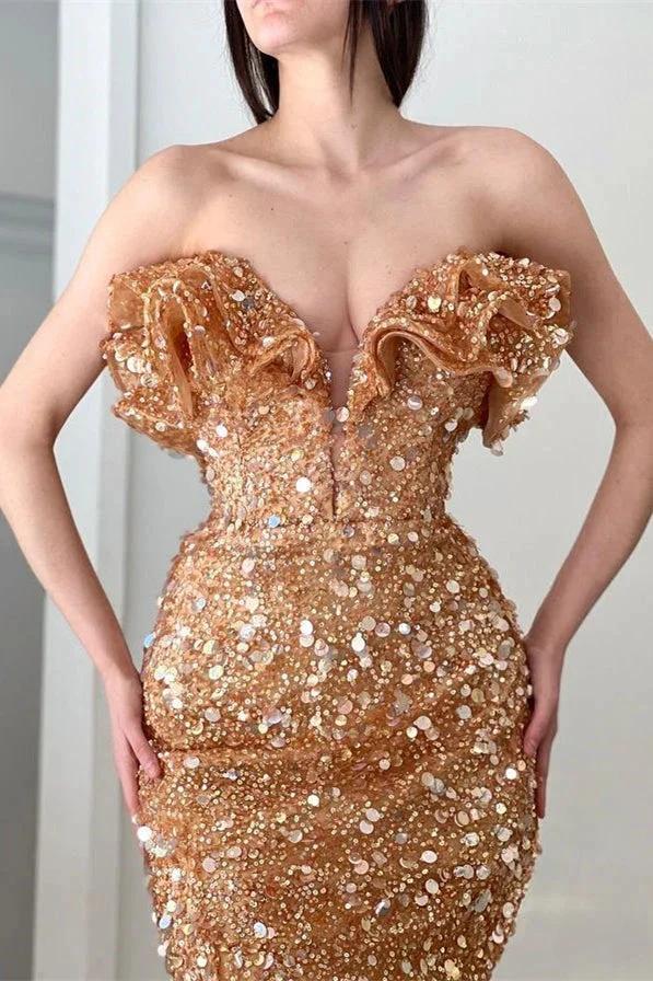 Long V Neck Pleated Sequins Mermaid Prom Dress With Slit - Image 2
