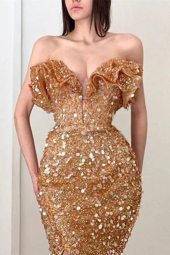 Long V Neck Pleated Sequins Mermaid Prom Dress With Slit - Image 3