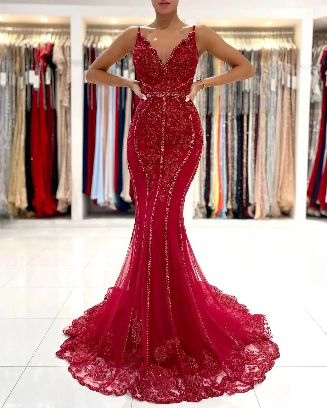 Long V-neck Tulle Lace Open Back Mermaid Prom Dress with Glitter - Image 3