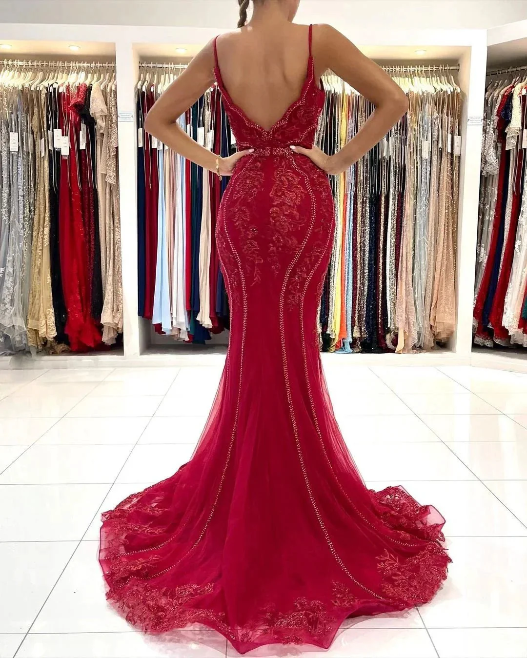 Long V-neck Tulle Lace Open Back Mermaid Prom Dress with Glitter - Image 4