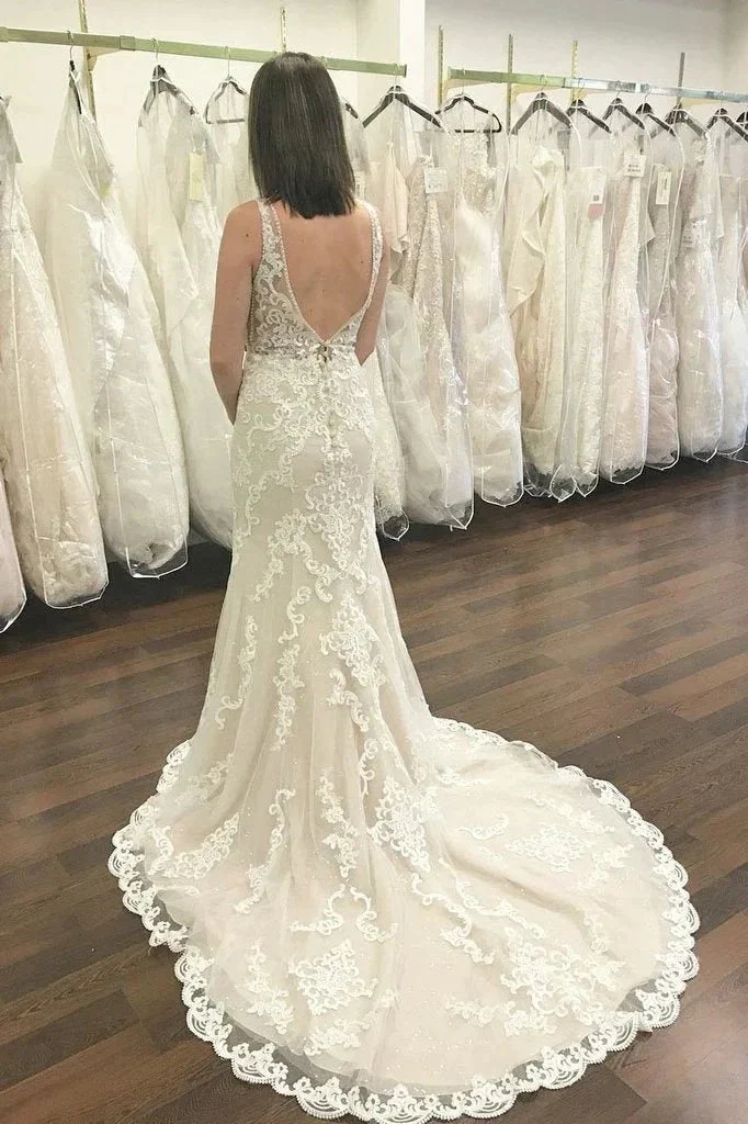 Long V-neck Wide Straps Lace Open Back Mermaid Wedding Dress - Image 2