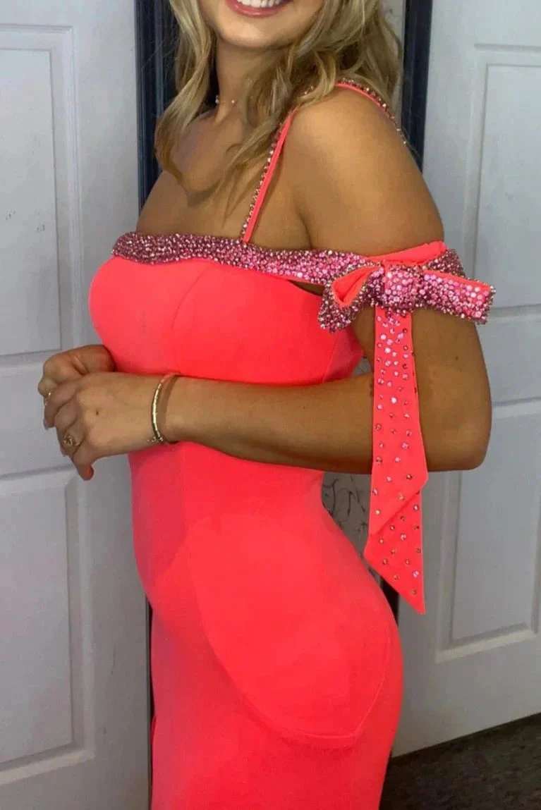 Louise | Coral Mermaid One Shoulder Beaded Long Prom Dress with Slit - Image 2