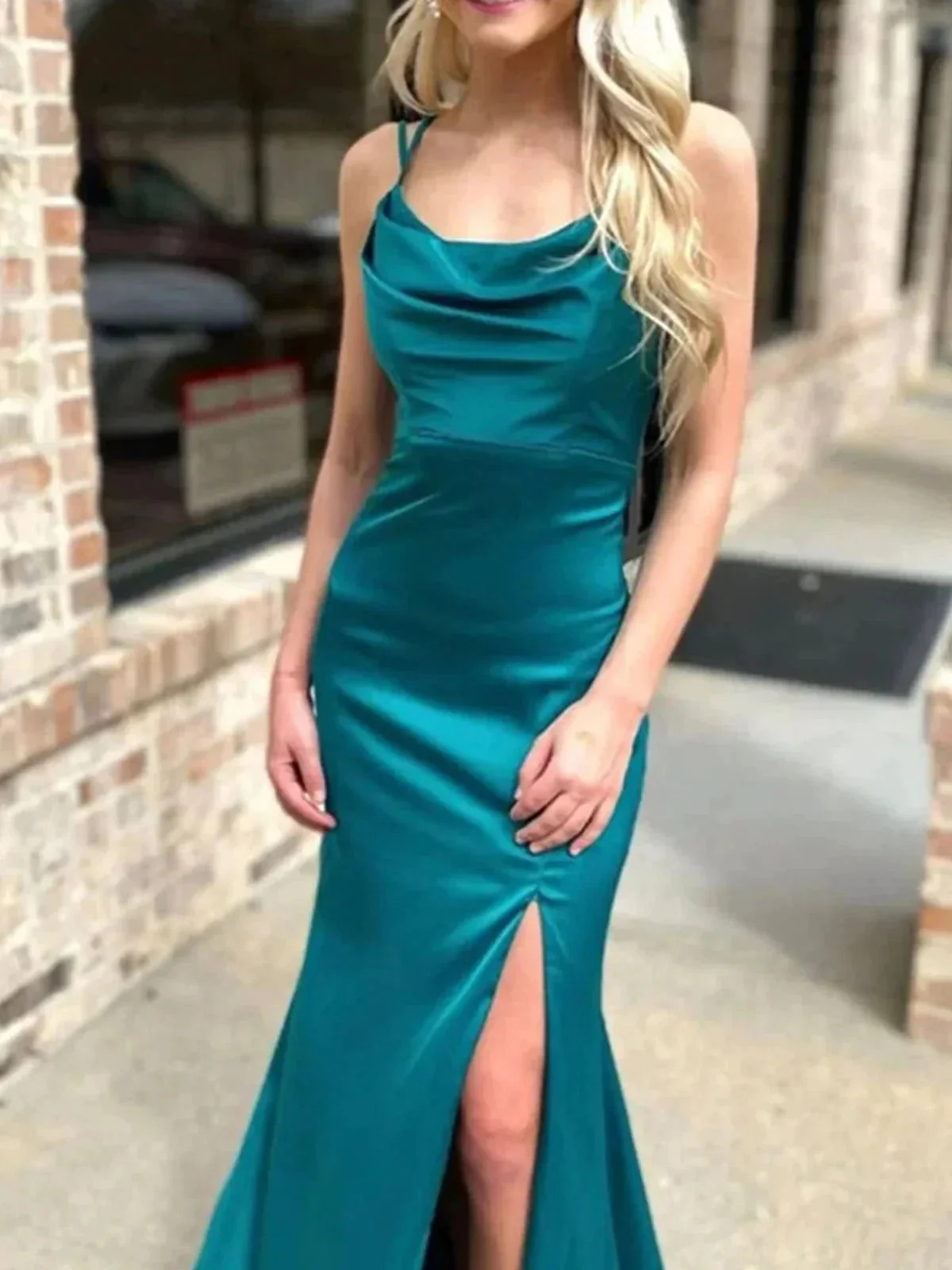 Loula | Pink Spaghetti Straps Satin Mermaid Long Prom Dress With Split - Image 3