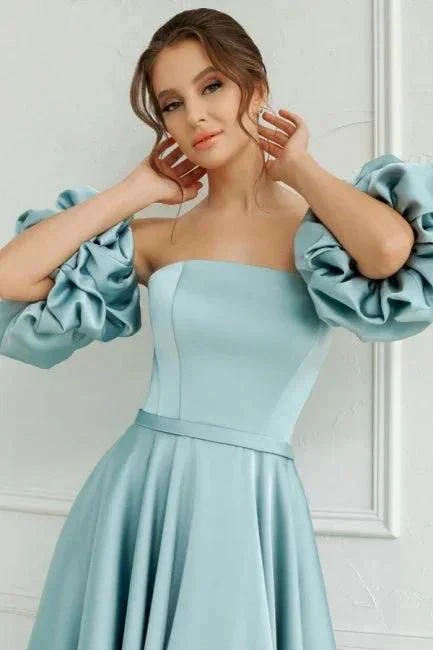 Lovely Short A-line Blue Off-the-shoulder Satin Homecoming Dresses - Image 2