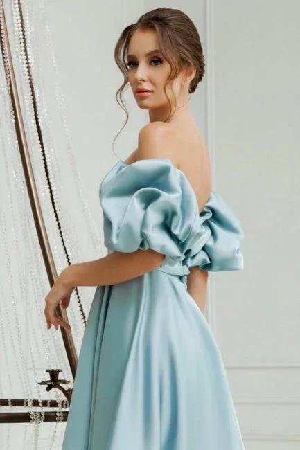 Lovely Short A-line Blue Off-the-shoulder Satin Homecoming Dresses - Image 3