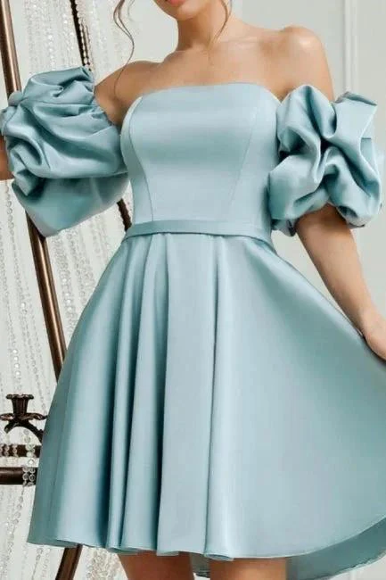 Lovely Short A-line Blue Off-the-shoulder Satin Homecoming Dresses - Image 4