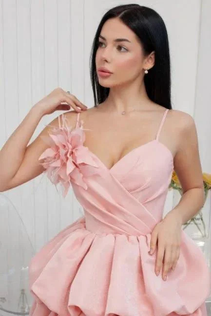 Lovely Short Pink Spaghetti Straps Ruffles Satin Homecoming Dresses - Image 2