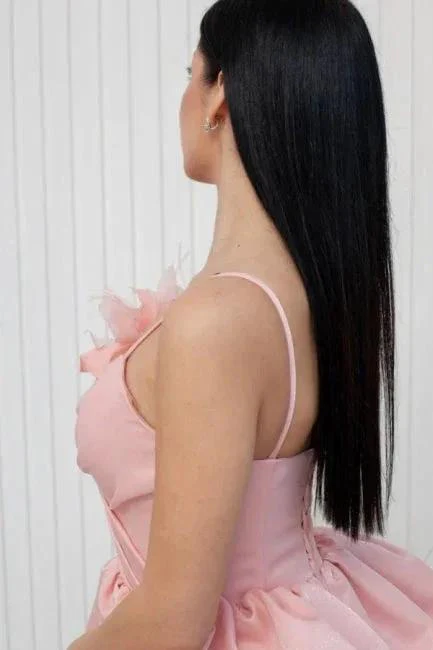 Lovely Short Pink Spaghetti Straps Ruffles Satin Homecoming Dresses - Image 3