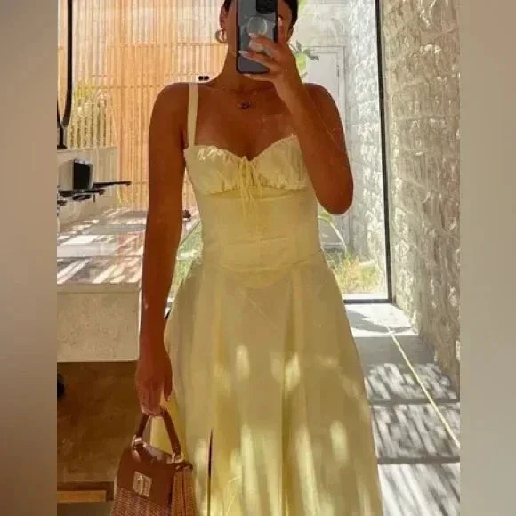 Lovely Yellow Long Prom Dress A Line Satin Party Evening Gown Y7578 - Image 2