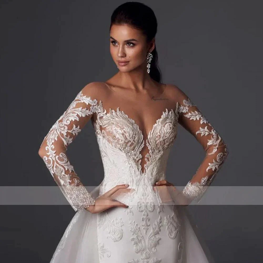 Loverxu Mermaid Vintage Wedding Dresses 2023 Sweetheart Long Sleeve Vestido De Novia Appliques Detachable Train Robe De Mariee - Image 3