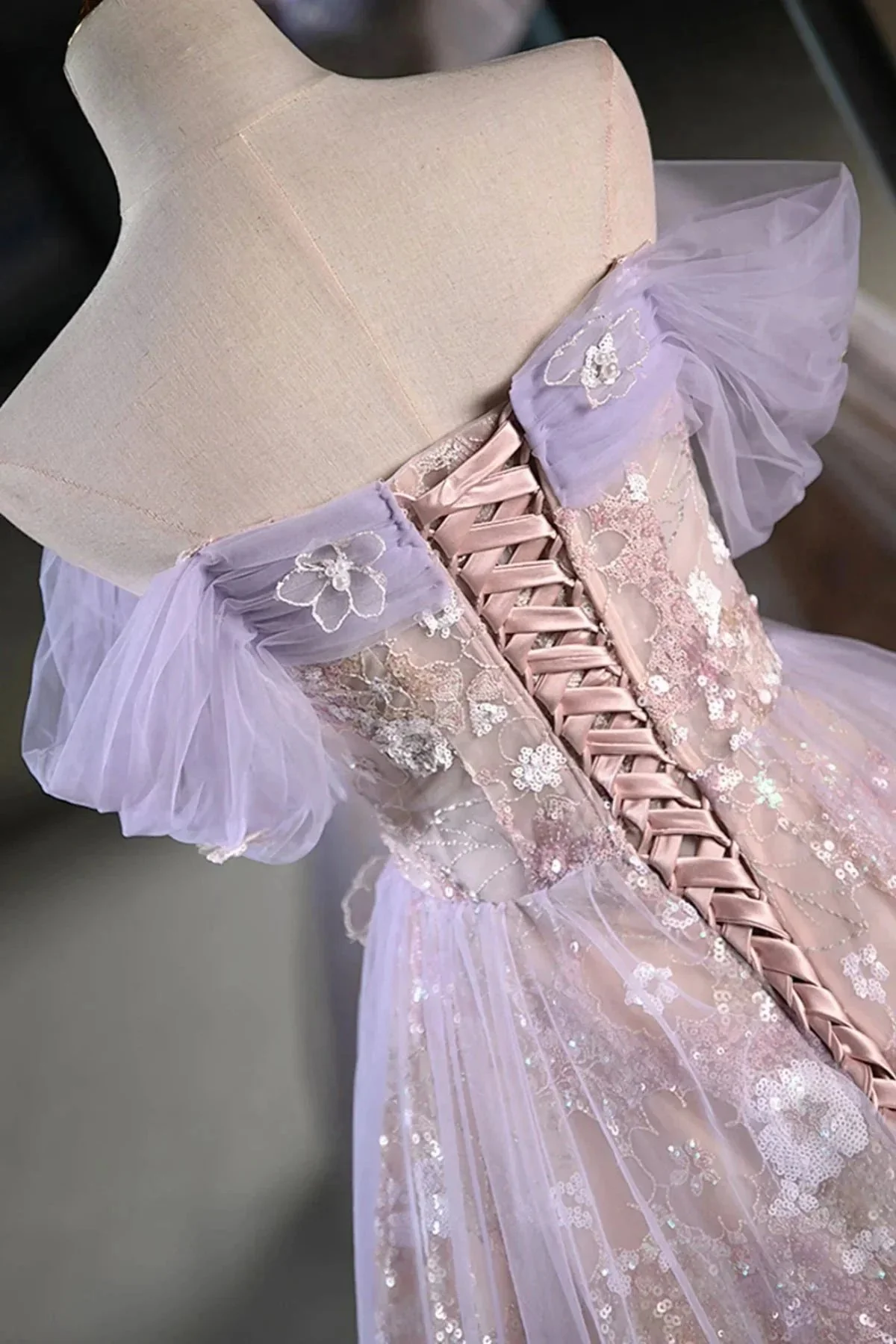 Lucasta | Lilac Off The Shoulder Tulle A Line Prom Dress With Appliques - Image 5