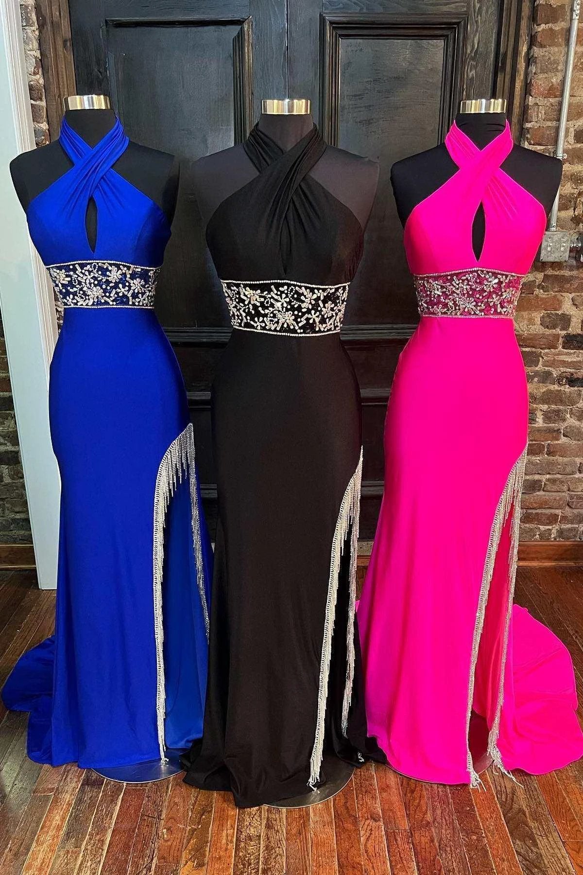 Lulie | Cross-Front Beaded Fringe Long Prom Dress with Slit - Image 2
