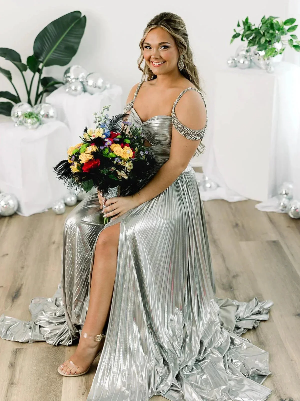 Lulu | Off the Shoulder Gold A-Line Metallic Pleated Long Formal Gown - Image 10