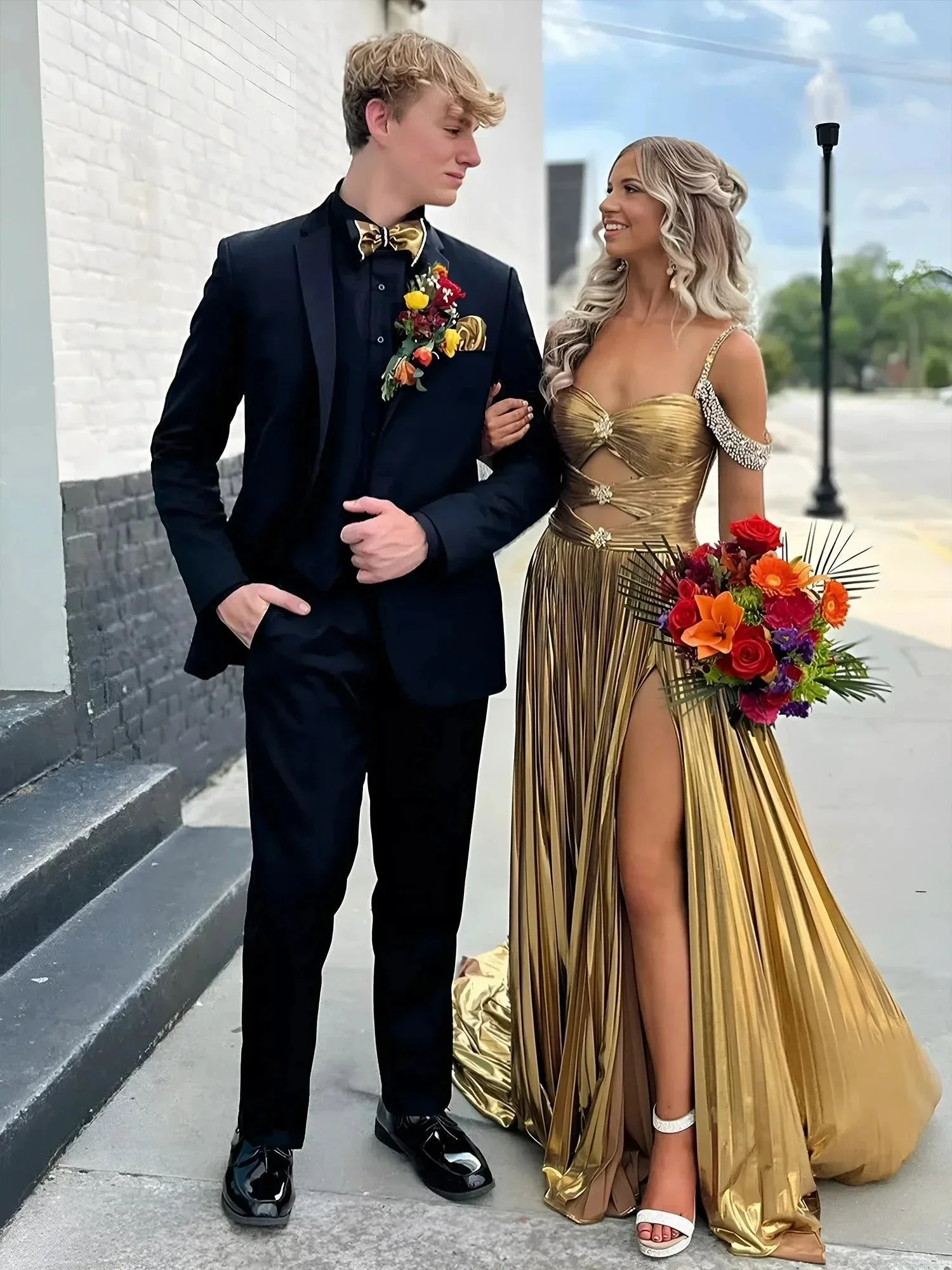 Lulu | Off the Shoulder Gold A-Line Metallic Pleated Long Formal Gown - Image 2