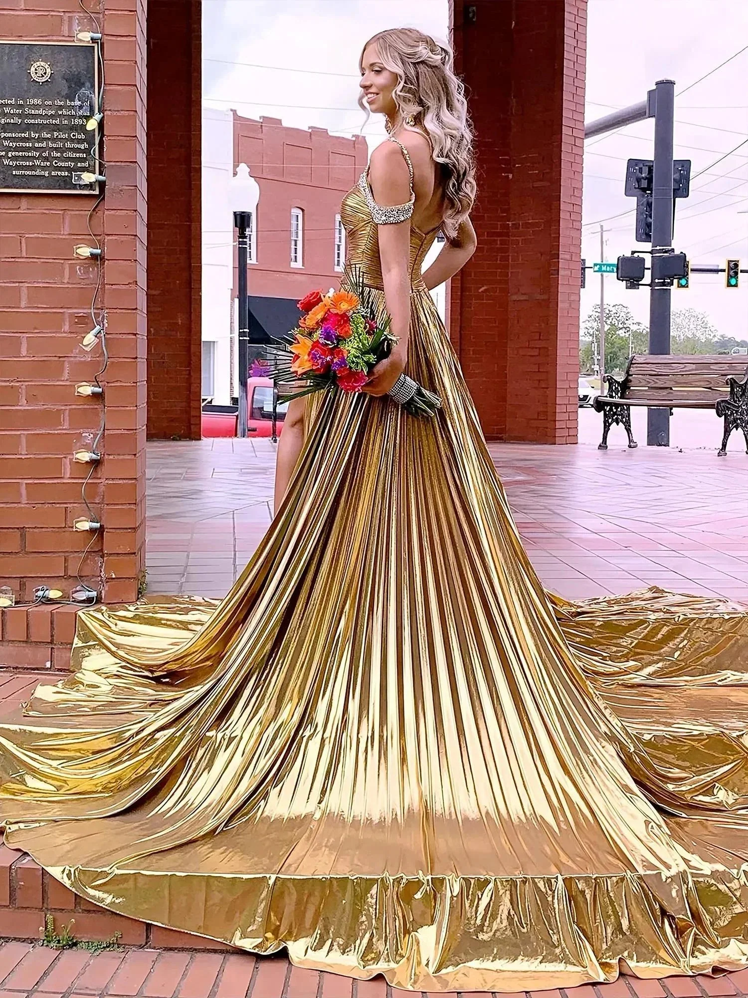 Lulu | Off the Shoulder Gold A-Line Metallic Pleated Long Formal Gown - Image 3