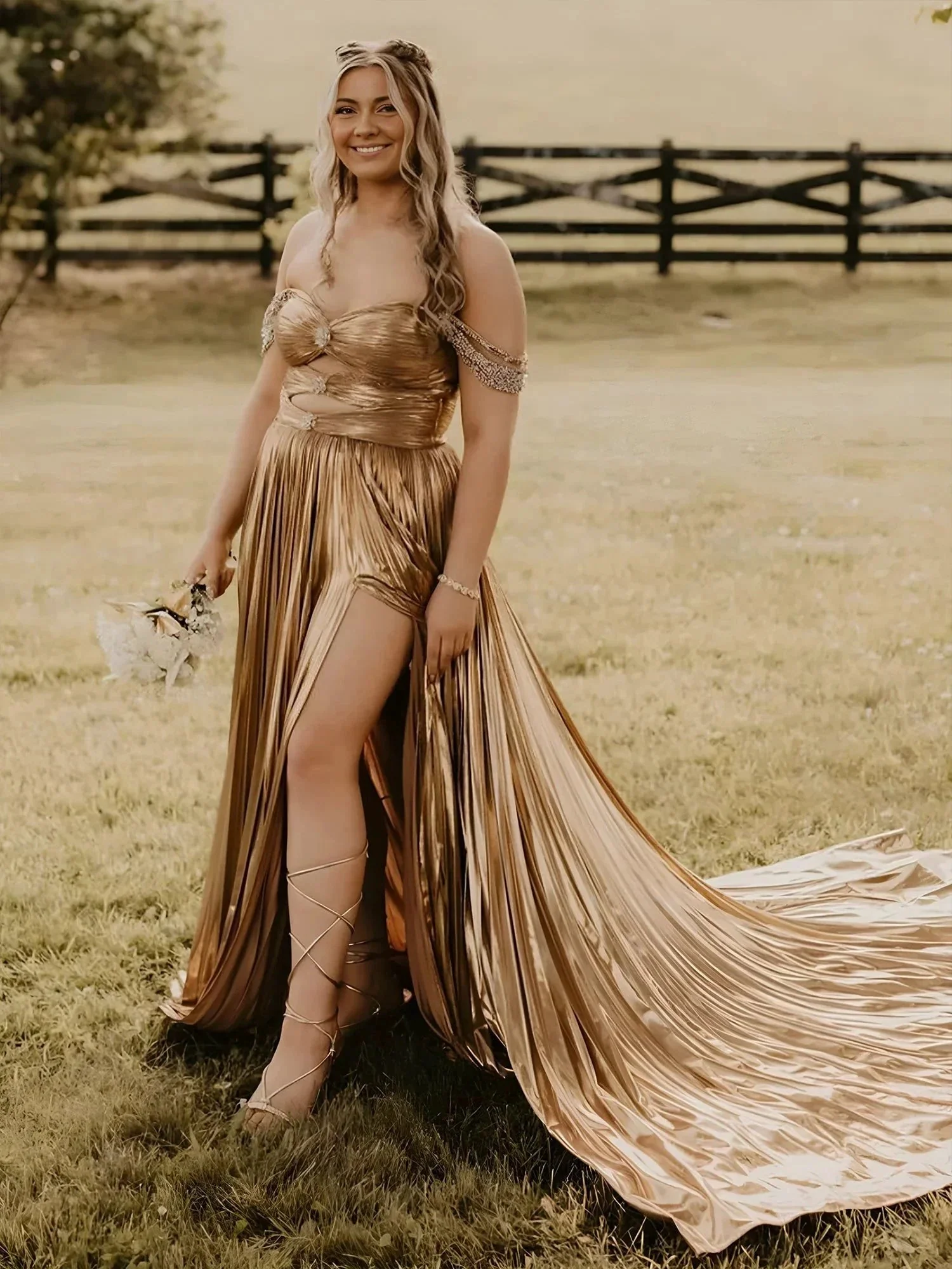 Lulu | Off the Shoulder Gold A-Line Metallic Pleated Long Formal Gown - Image 5