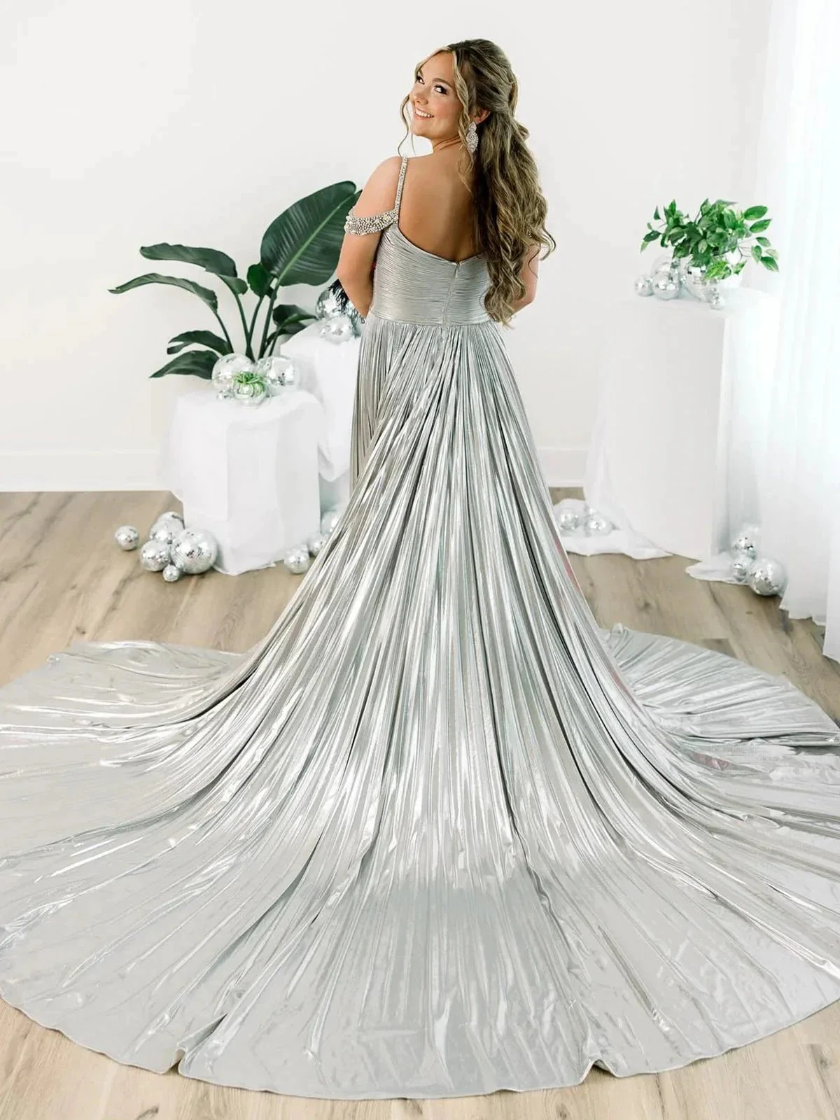 Lulu | Off the Shoulder Gold A-Line Metallic Pleated Long Formal Gown - Image 8