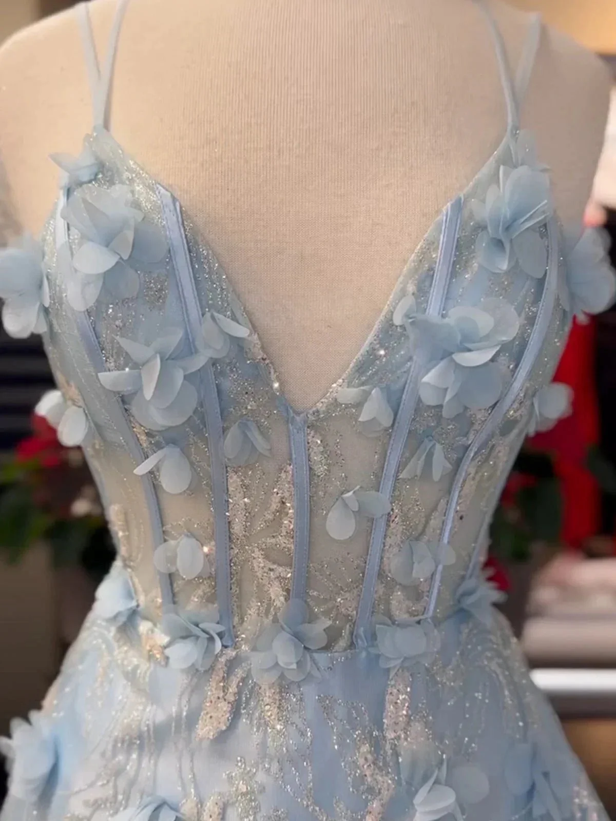 Luminea | Light Blue 3D Flower Lace V-Neck A-Line Long Prom Dress - Image 2