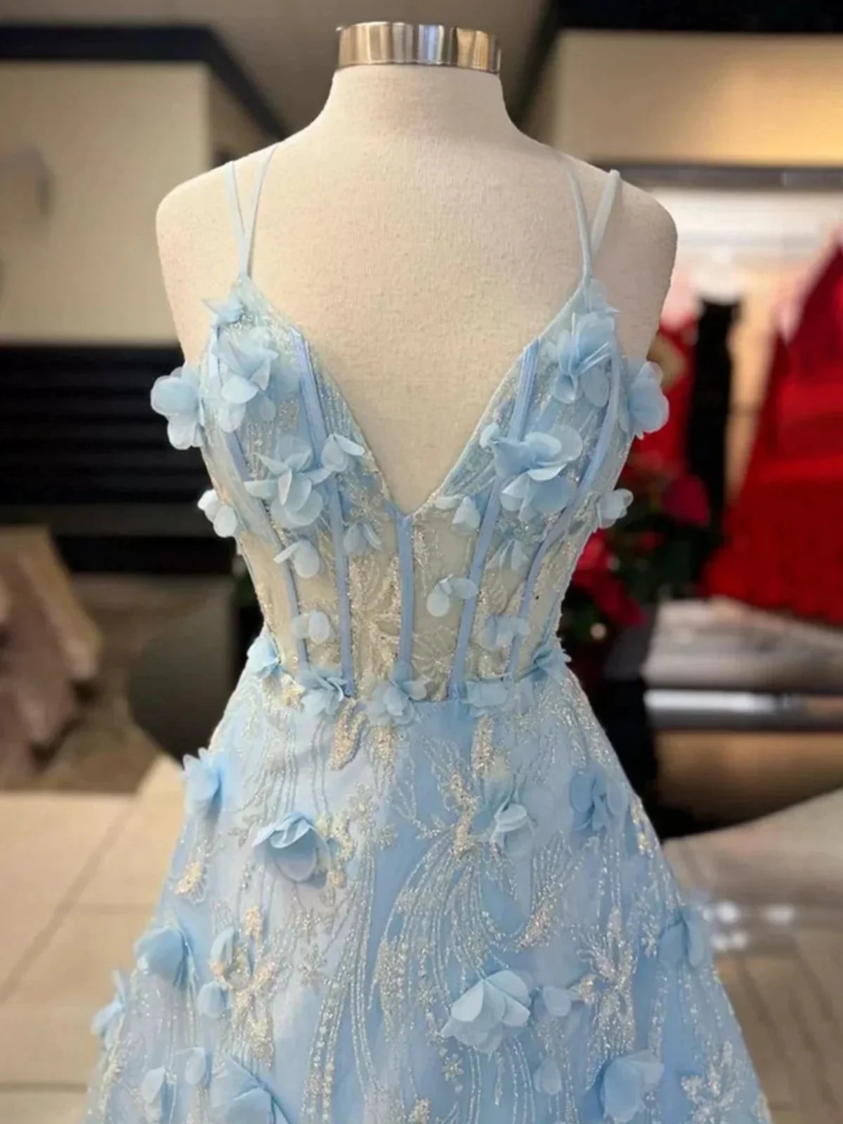 Luminea | Light Blue 3D Flower Lace V-Neck A-Line Long Prom Dress - Image 3
