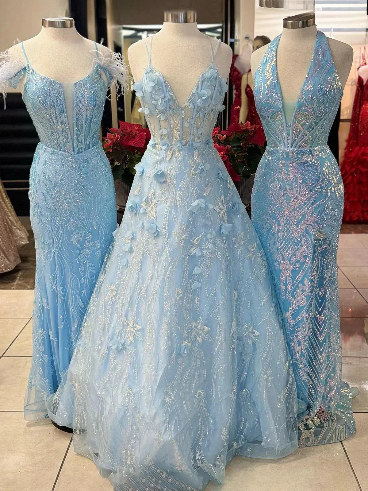 Luminea | Light Blue 3D Flower Lace V-Neck A-Line Long Prom Dress - Image 4