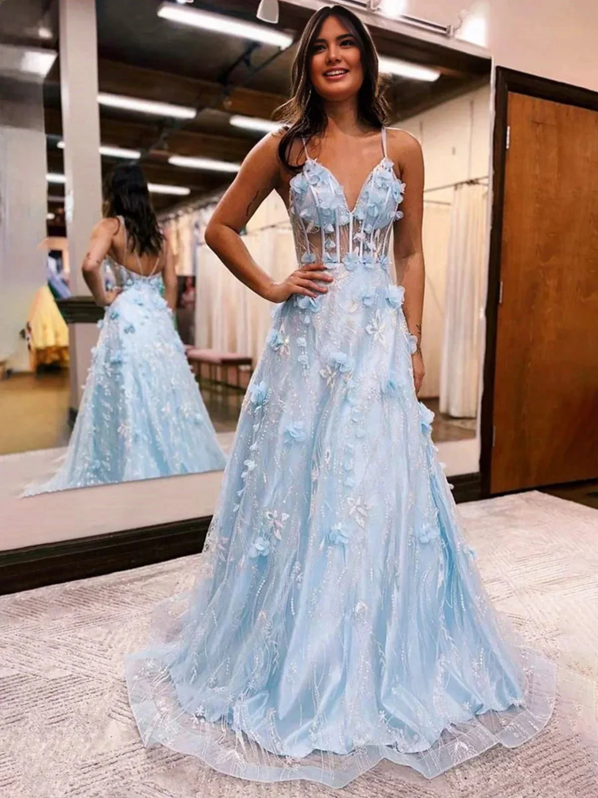 Luminea | Light Blue 3D Flower Lace V-Neck A-Line Long Prom Dress - Image 5