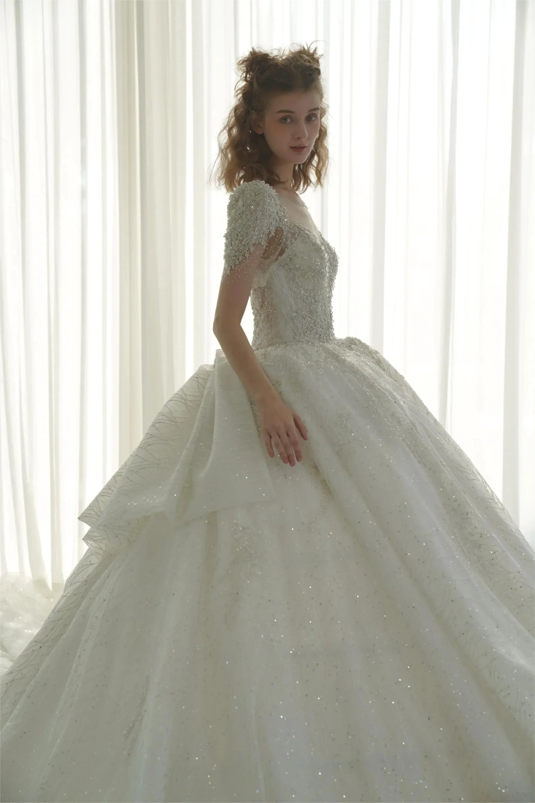Luminous Ball Gown Illusion Neck Tulle Wedding Dress with Crystal Beaded Embroidery & Bow Back Train Q-6023 - Image 2