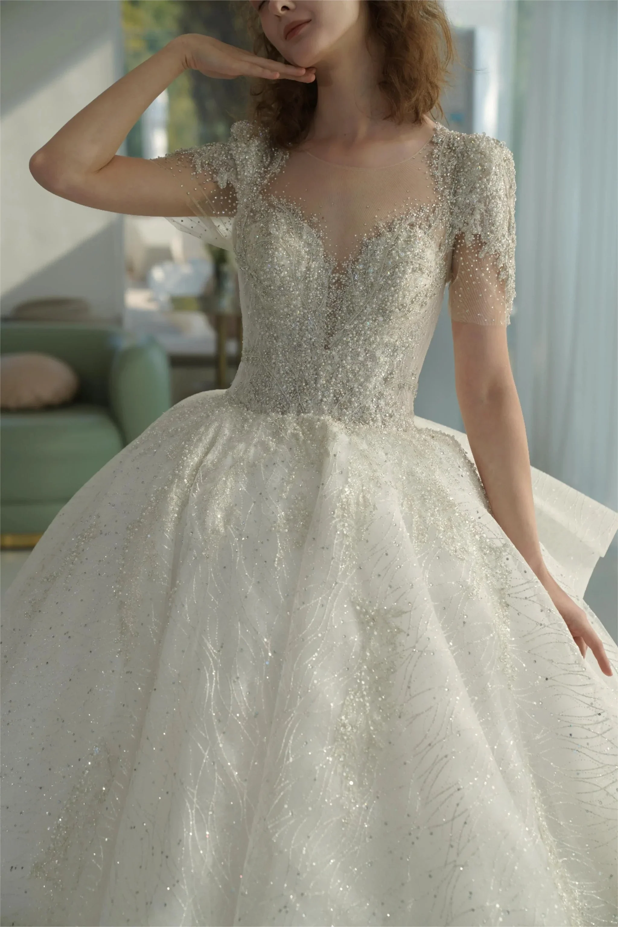 Luminous Ball Gown Illusion Neck Tulle Wedding Dress with Crystal Beaded Embroidery & Bow Back Train Q-6023 - Image 3