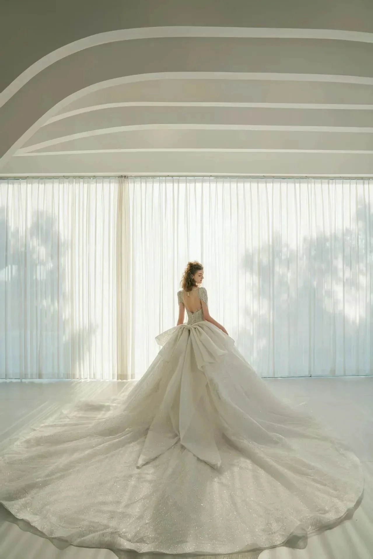 Luminous Ball Gown Illusion Neck Tulle Wedding Dress with Crystal Beaded Embroidery & Bow Back Train Q-6023 - Image 4