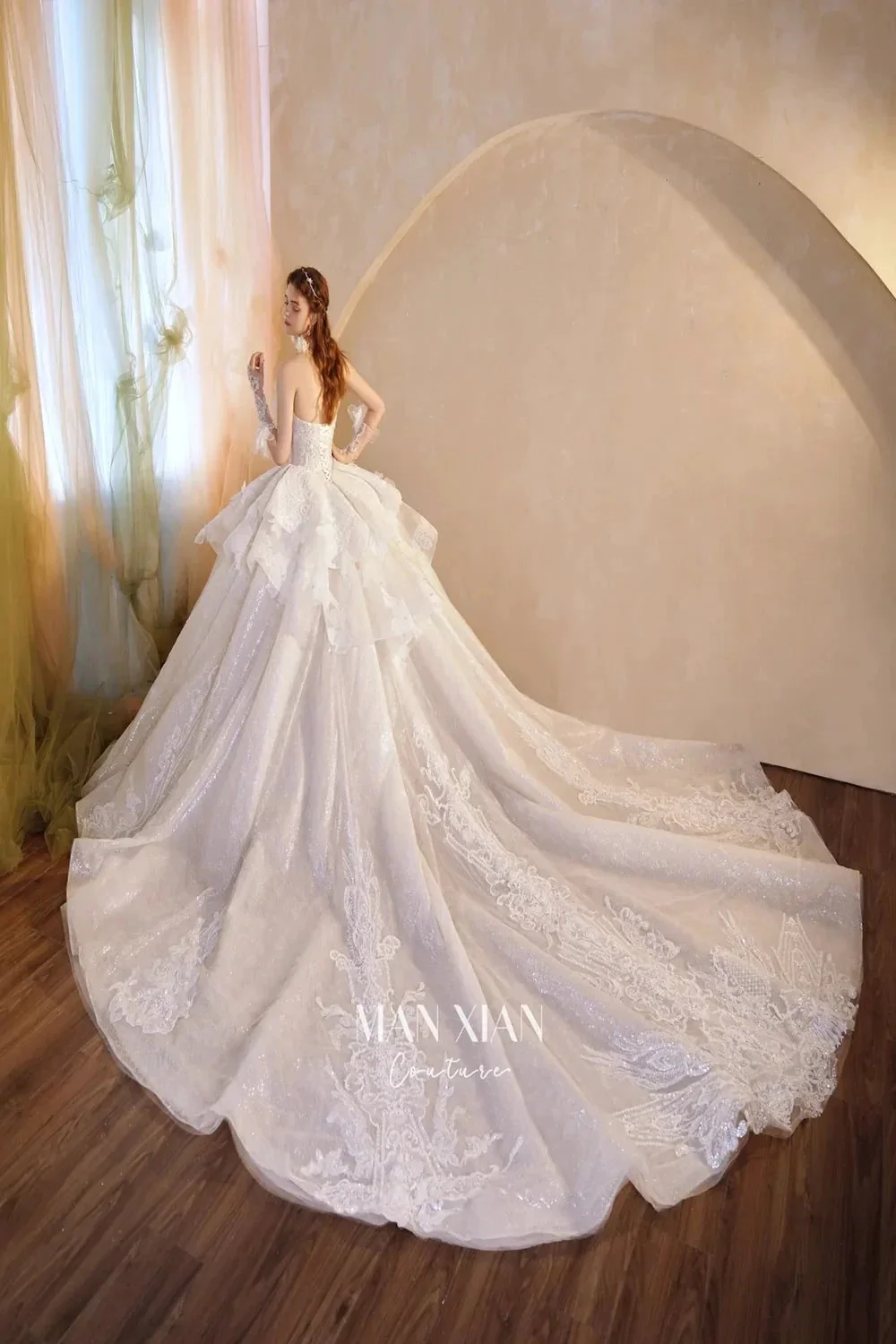 Luminous Ivory Off-Shoulder Glitter Tulle Ball Gown with 3D Floral Lace & Train M021 - Image 10