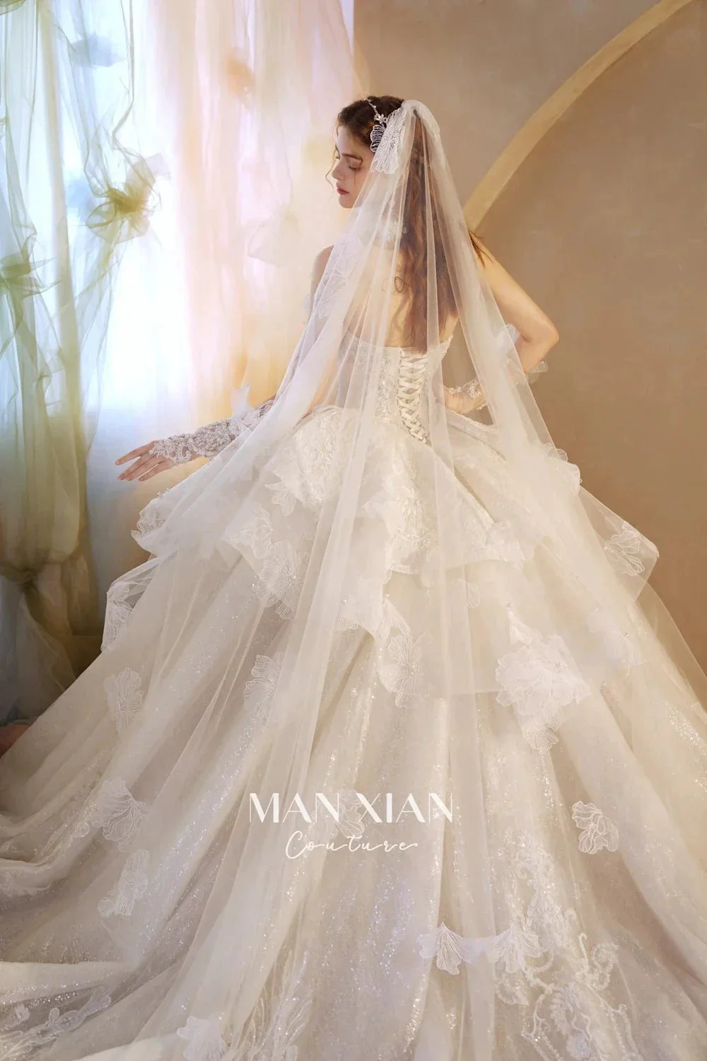 Luminous Ivory Off-Shoulder Glitter Tulle Ball Gown with 3D Floral Lace & Train M021 - Image 11