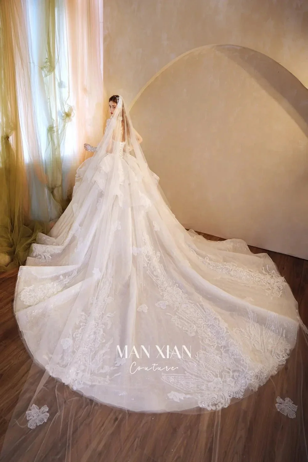 Luminous Ivory Off-Shoulder Glitter Tulle Ball Gown with 3D Floral Lace & Train M021 - Image 12