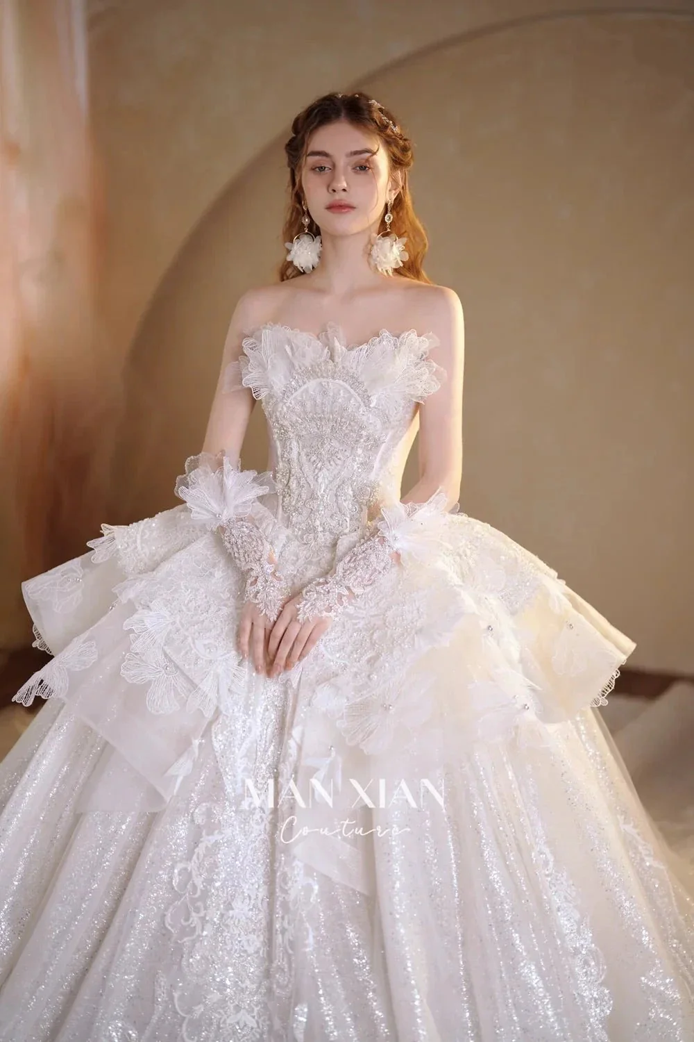Luminous Ivory Off-Shoulder Glitter Tulle Ball Gown with 3D Floral Lace & Train M021 - Image 2