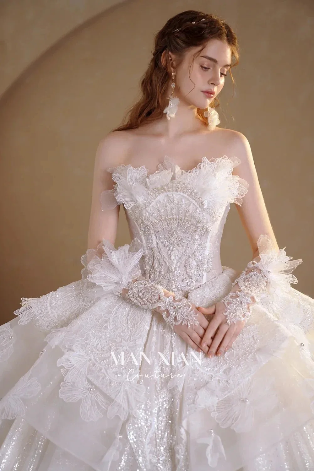 Luminous Ivory Off-Shoulder Glitter Tulle Ball Gown with 3D Floral Lace & Train M021 - Image 3