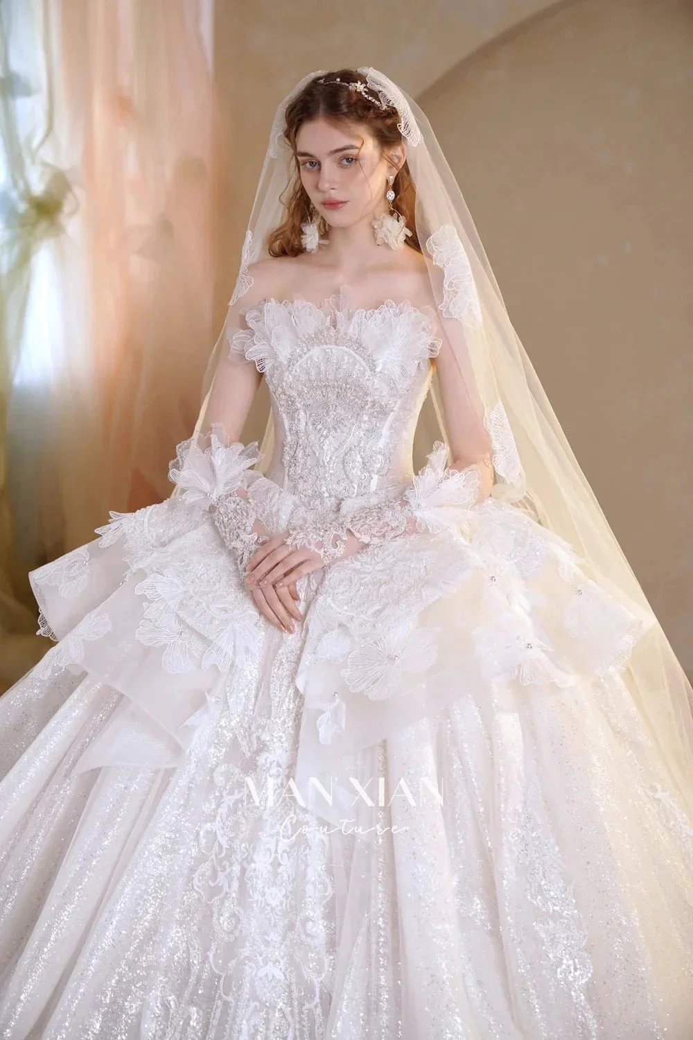Luminous Ivory Off-Shoulder Glitter Tulle Ball Gown with 3D Floral Lace & Train M021 - Image 4