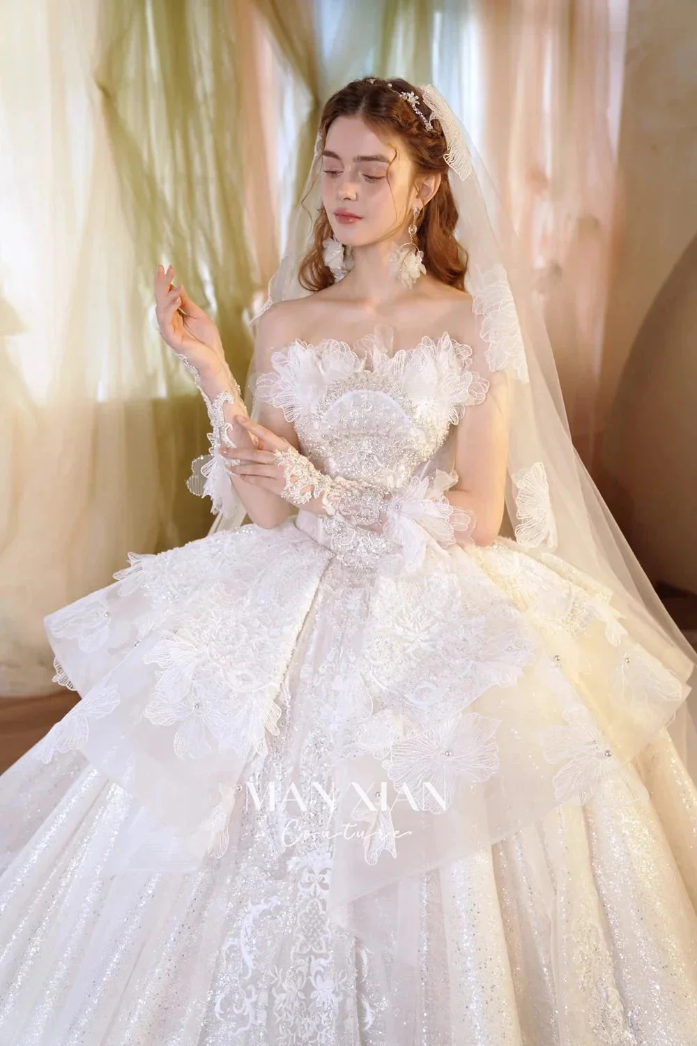 Luminous Ivory Off-Shoulder Glitter Tulle Ball Gown with 3D Floral Lace & Train M021 - Image 5