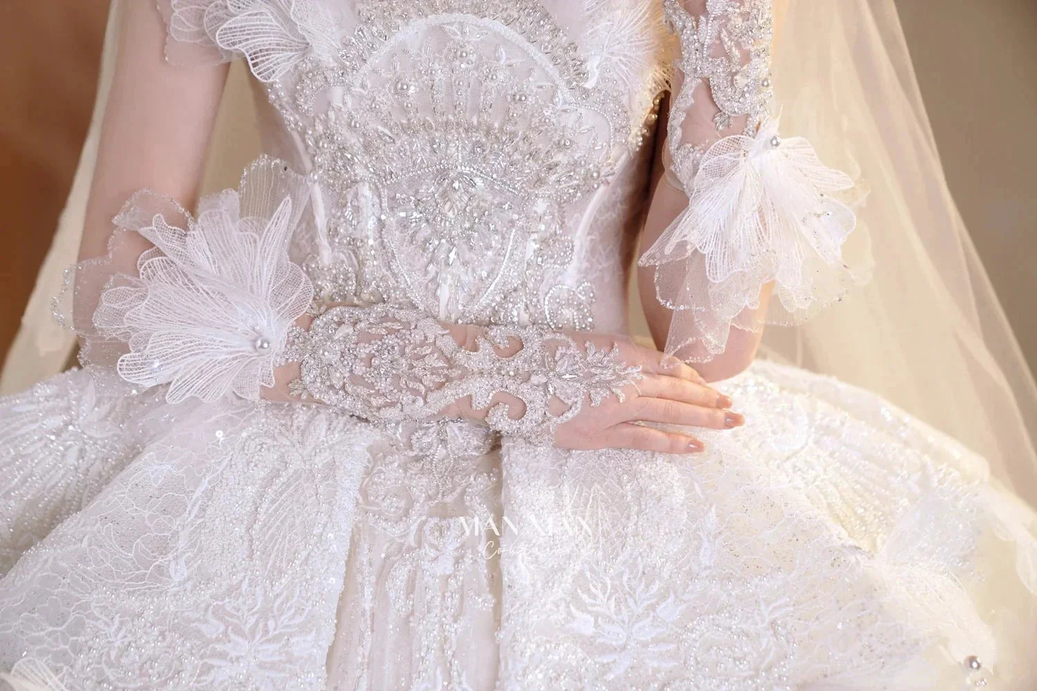 Luminous Ivory Off-Shoulder Glitter Tulle Ball Gown with 3D Floral Lace & Train M021 - Image 6