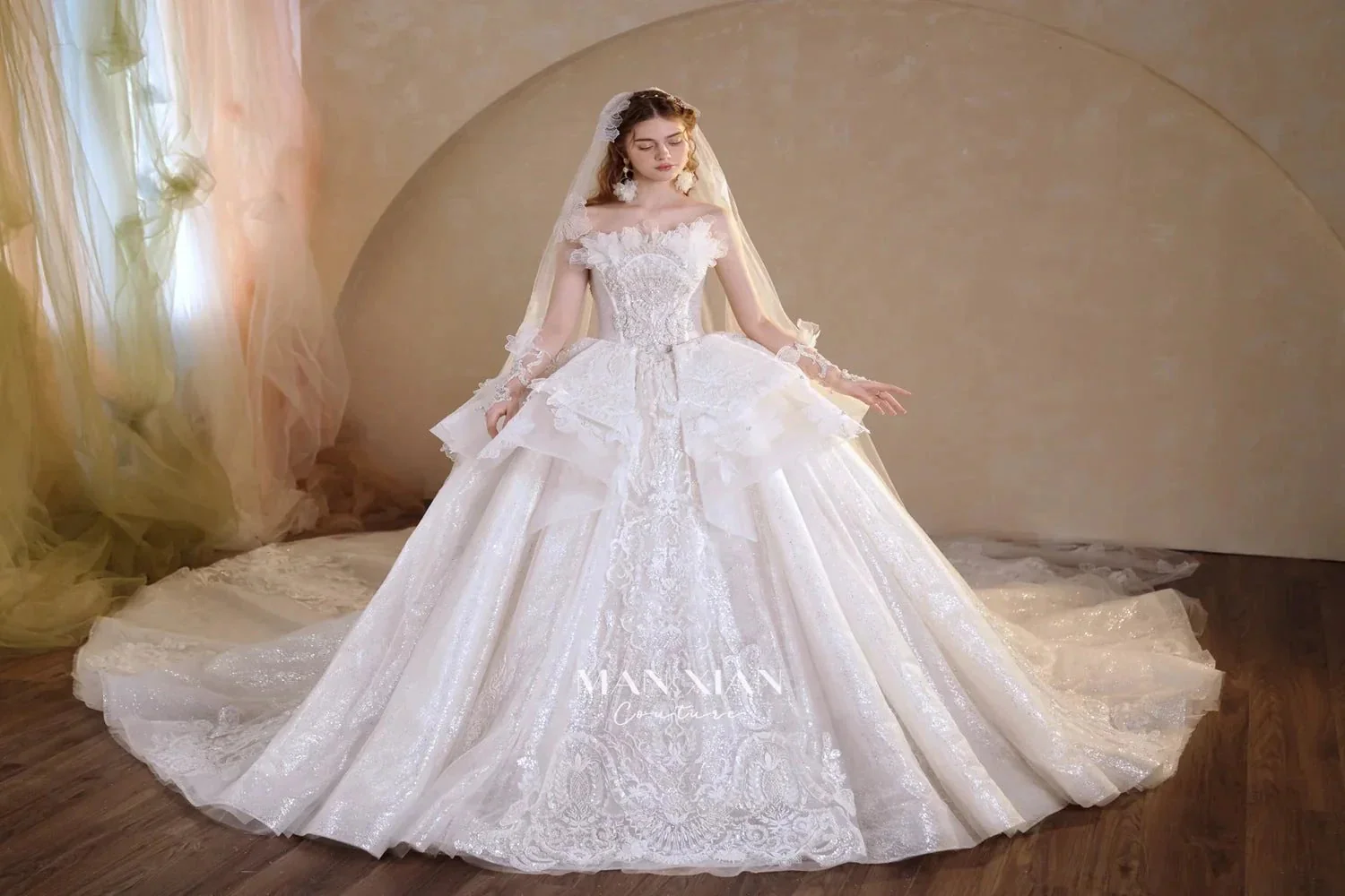 Luminous Ivory Off-Shoulder Glitter Tulle Ball Gown with 3D Floral Lace & Train M021 - Image 7