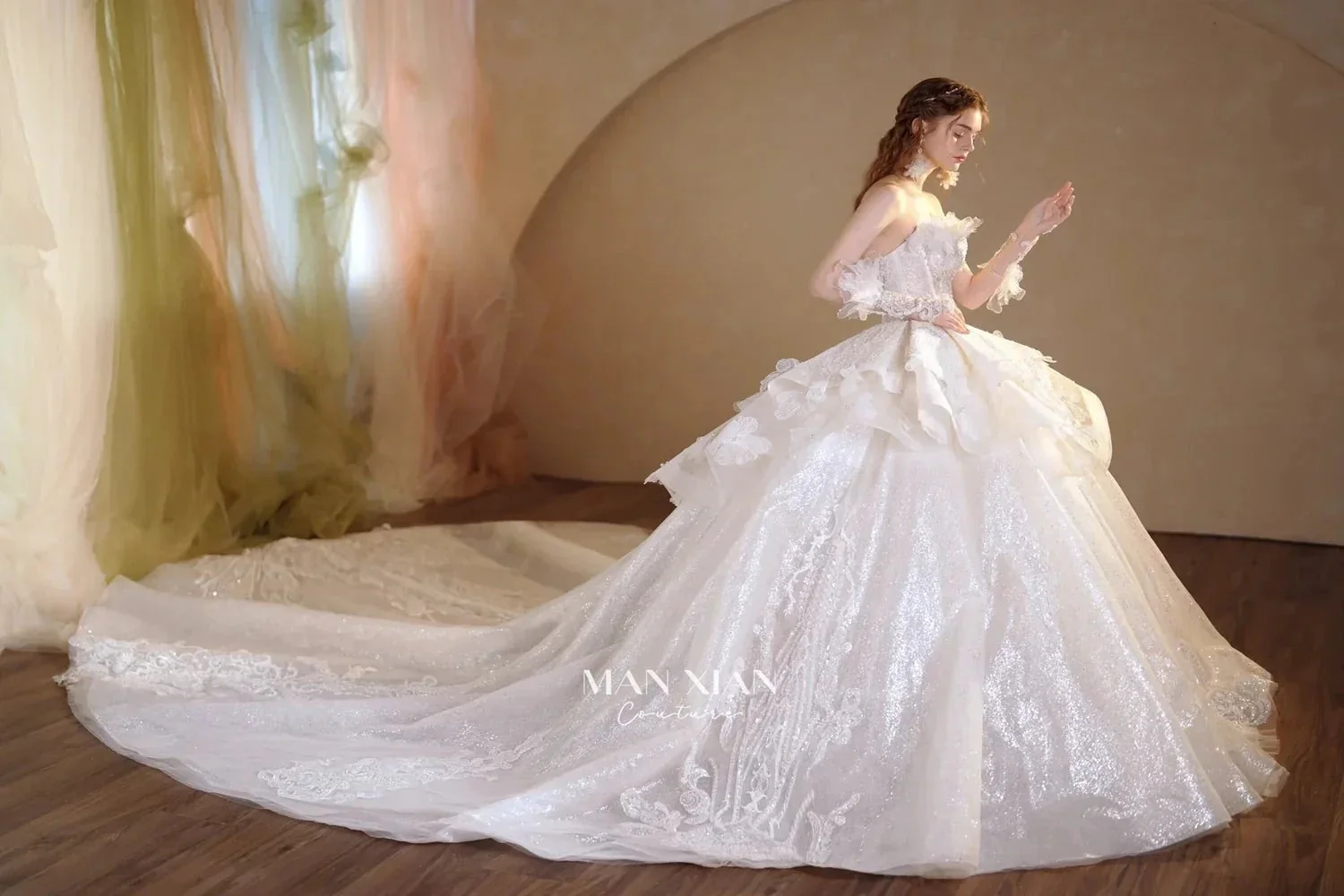Luminous Ivory Off-Shoulder Glitter Tulle Ball Gown with 3D Floral Lace & Train M021 - Image 8