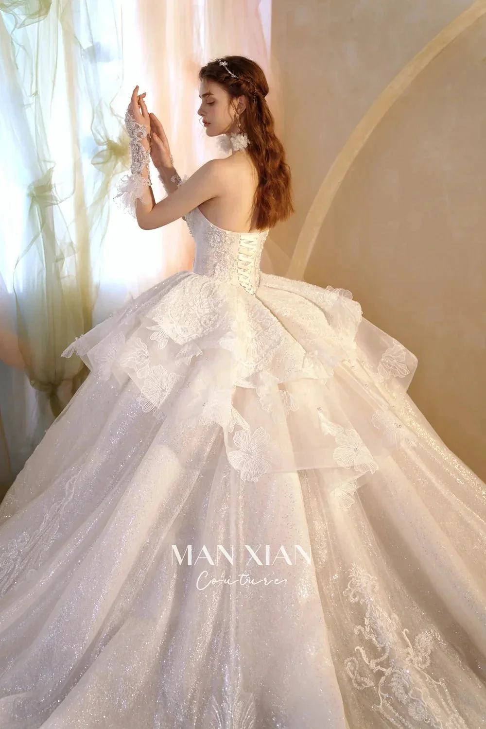 Luminous Ivory Off-Shoulder Glitter Tulle Ball Gown with 3D Floral Lace & Train M021 - Image 9