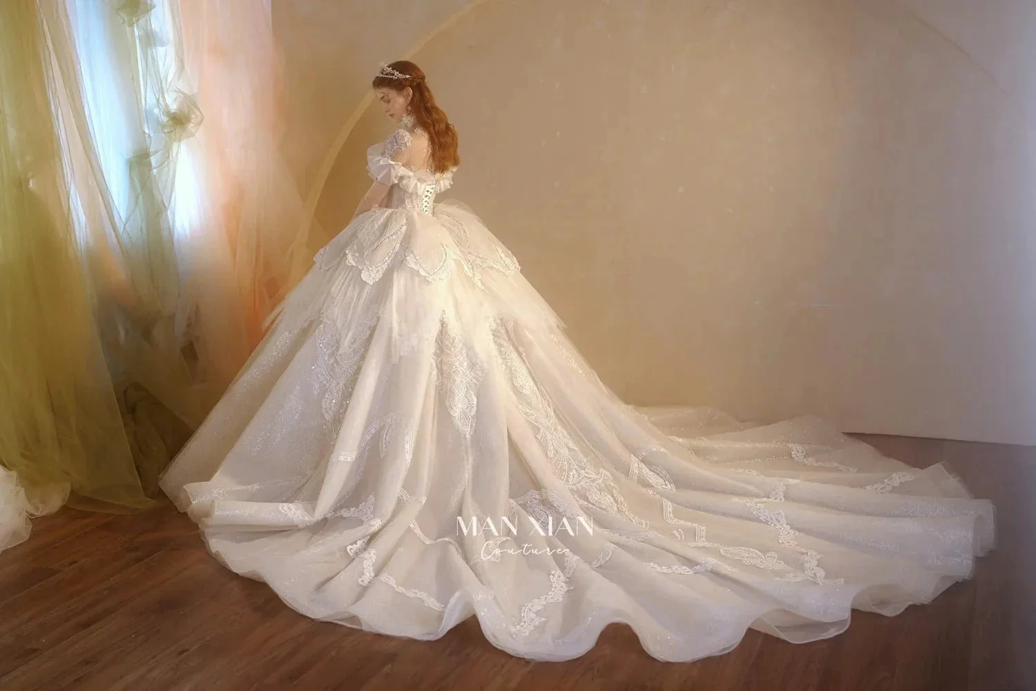 Luminous Ivory Sweetheart Glitter Tulle Ball Gown with Ruffled Sleeves, Pearl Embroidery & Lace Train M013 - Image 10