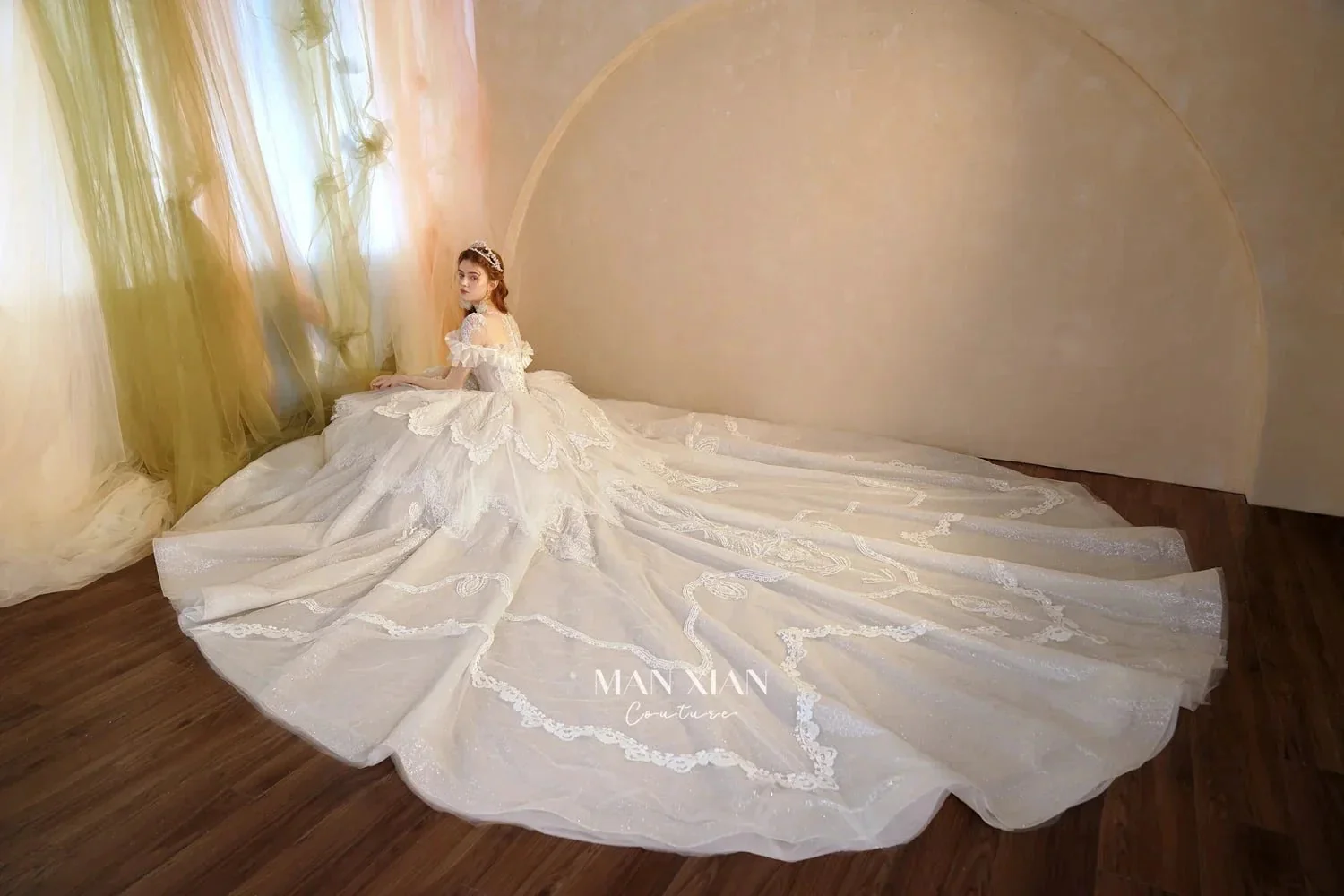 Luminous Ivory Sweetheart Glitter Tulle Ball Gown with Ruffled Sleeves, Pearl Embroidery & Lace Train M013 - Image 11