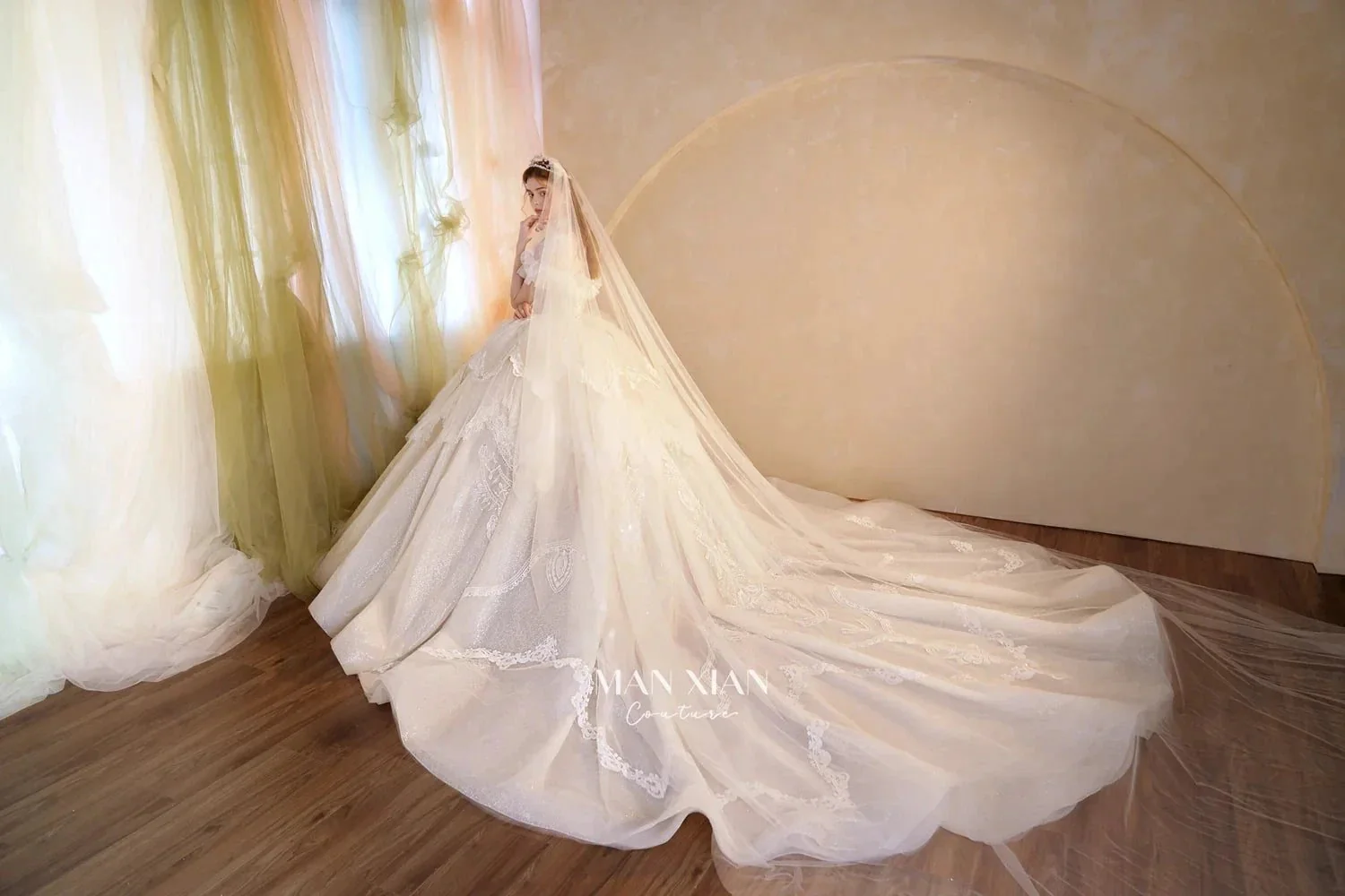 Luminous Ivory Sweetheart Glitter Tulle Ball Gown with Ruffled Sleeves, Pearl Embroidery & Lace Train M013 - Image 12