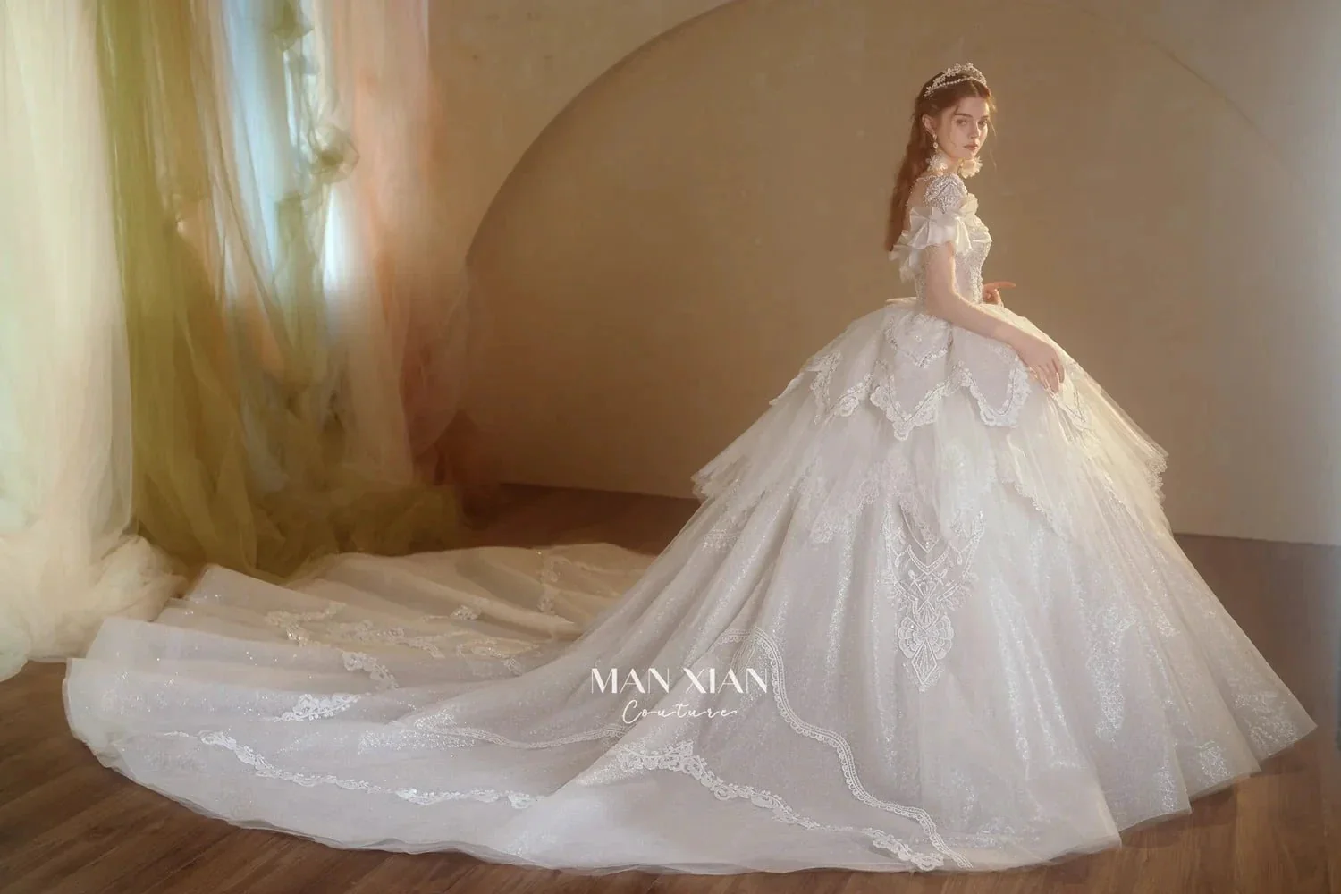 Luminous Ivory Sweetheart Glitter Tulle Ball Gown with Ruffled Sleeves, Pearl Embroidery & Lace Train M013 - Image 13
