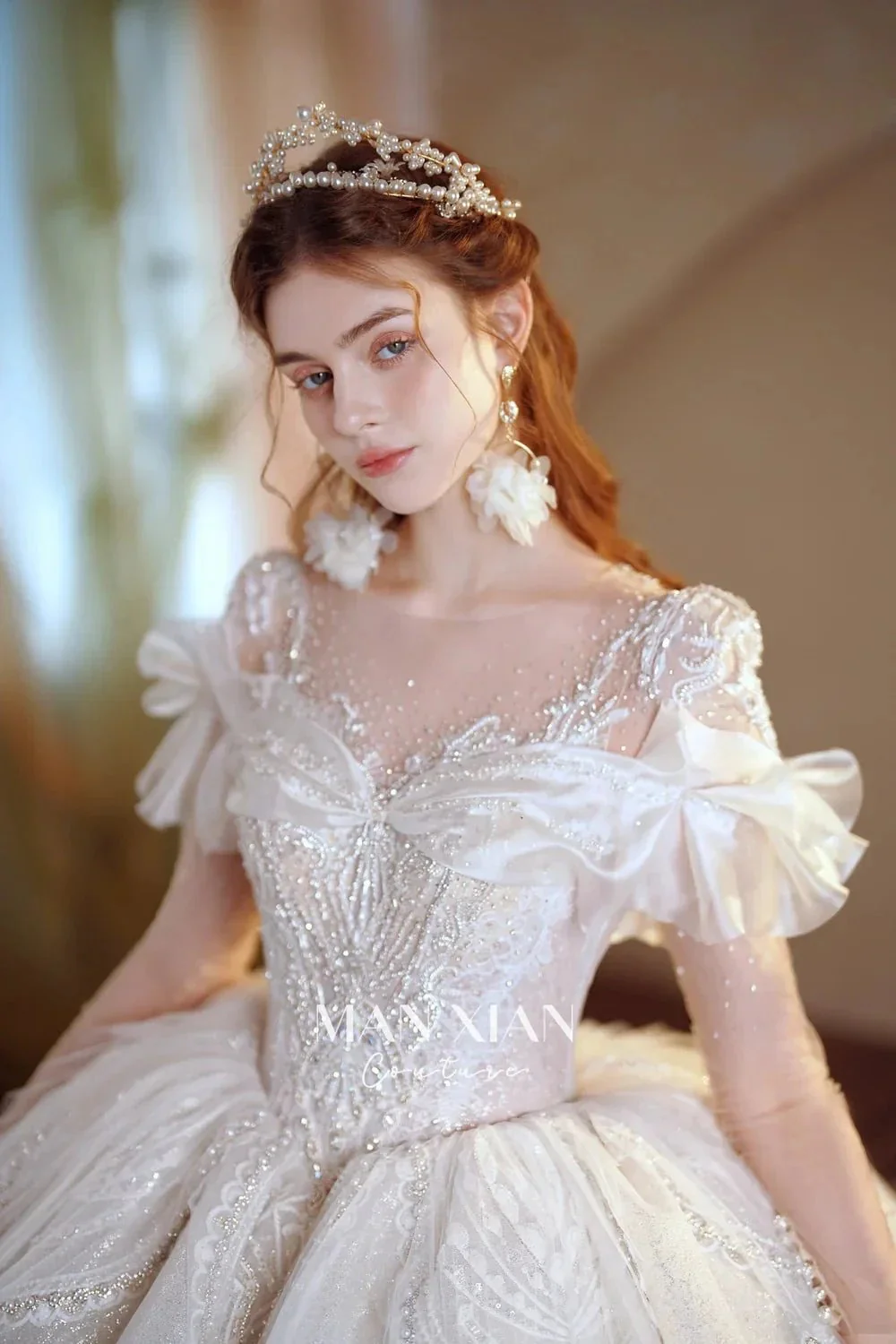 Luminous Ivory Sweetheart Glitter Tulle Ball Gown with Ruffled Sleeves, Pearl Embroidery & Lace Train M013 - Image 2